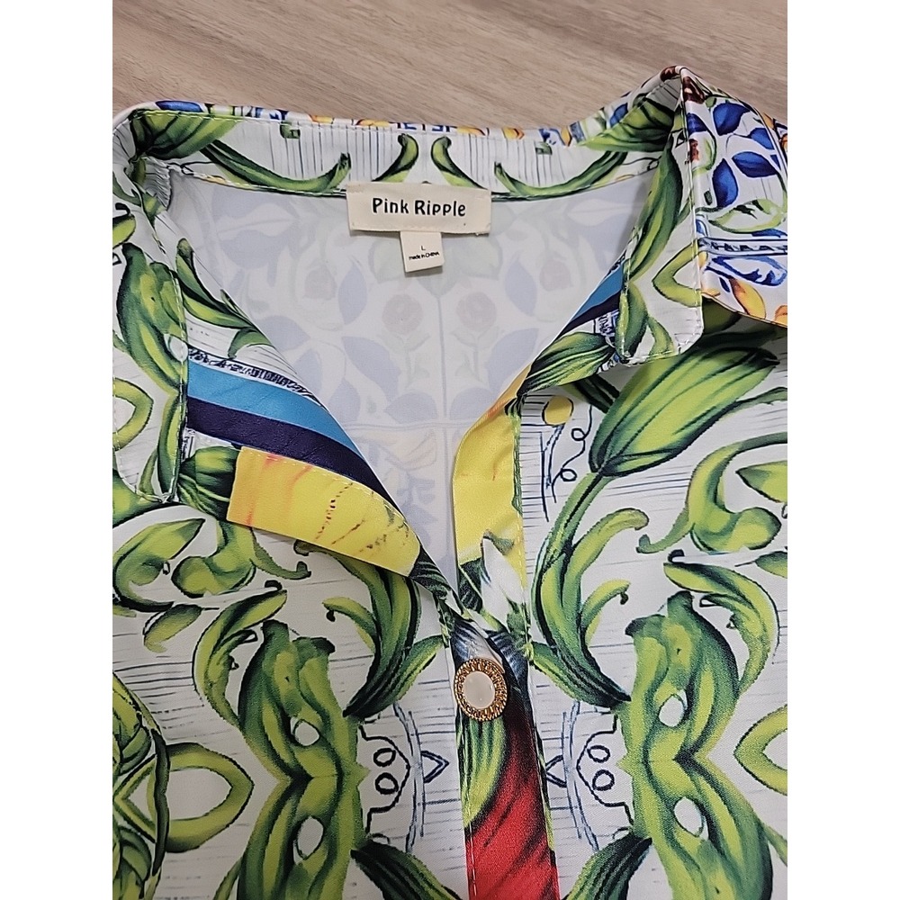 Pink Ripple Womens Blue Yellow Tile Floral Print Belted Sleeveless Midi Dress L - Picture 5 of 9